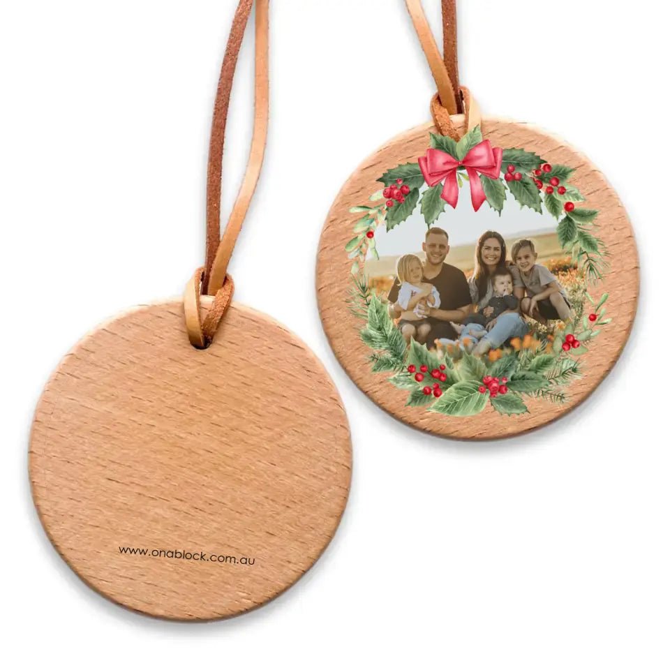 On a Block - Christmas Wood Photo Ornament - Traditional Wreath