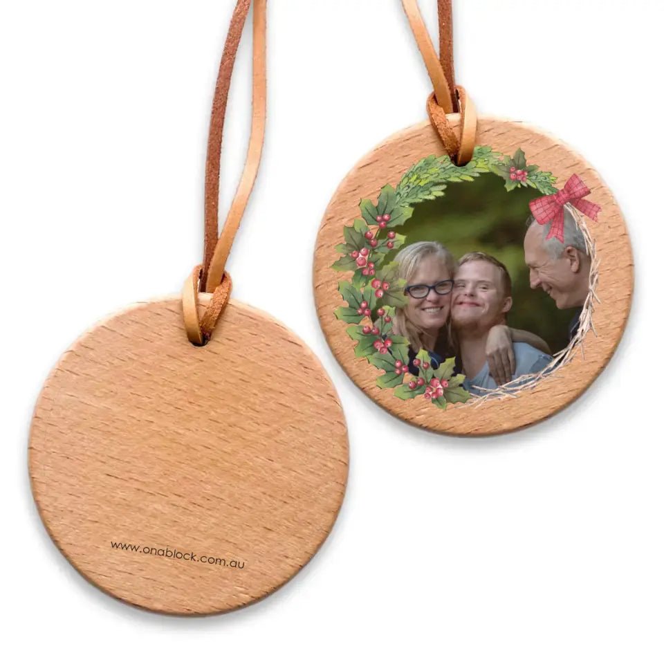 On a Block - Christmas Wood Photo Ornament - Wrapped in a Bow